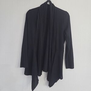 Misook Cardigan Jacket Womens Medium Open Front Ribbed Knit Black Waterfall